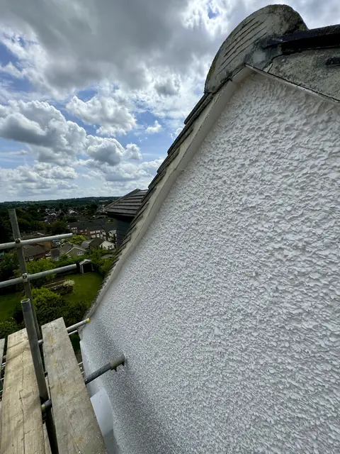 Top of a gable in white painted pebbledash up to the roof verge, with rooftops and trees below