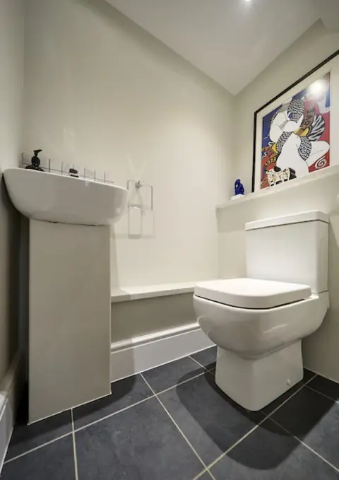 Pedestal basin and toilet in a small WC with pale walls, white skirting and a framed print on the shelf