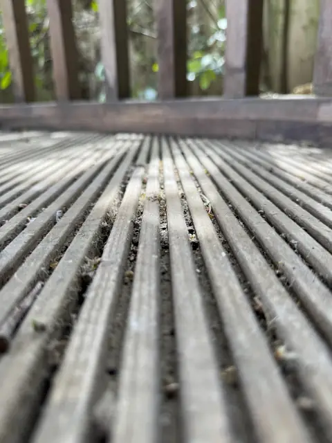 Low close-up of grooved timber decking with dirt and debris in the grooves